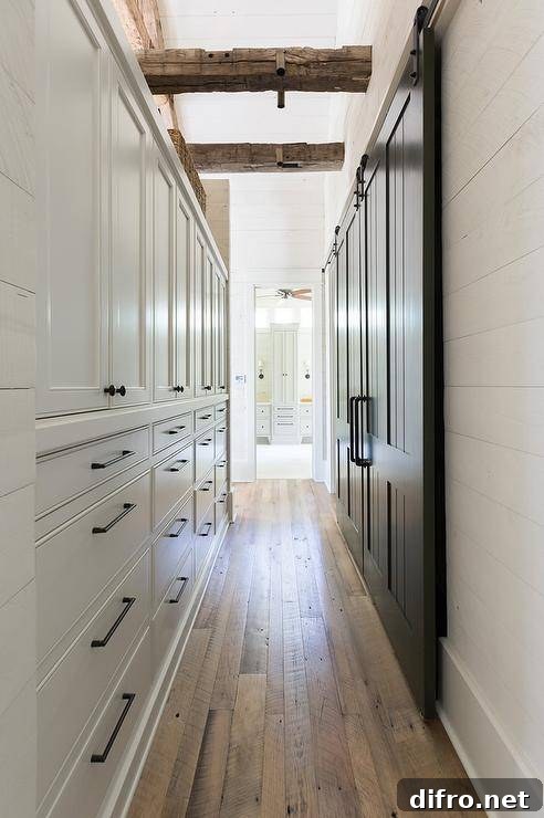Hallway boasts gray built-in cabinets beneath rustic wood ceiling beams