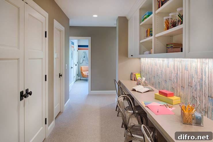 Hallway homework station with built-in upper cabinets and open shelving