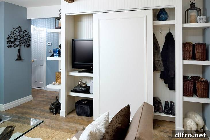 Sliding closet conceals floating shelves and a shoe ledge in a living area