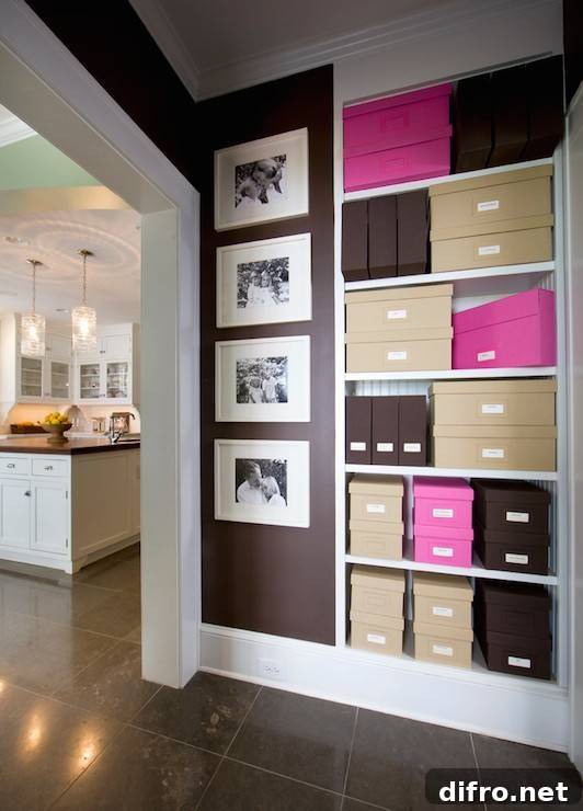 Multi functional hallway with built-in shelving lined with storage boxes