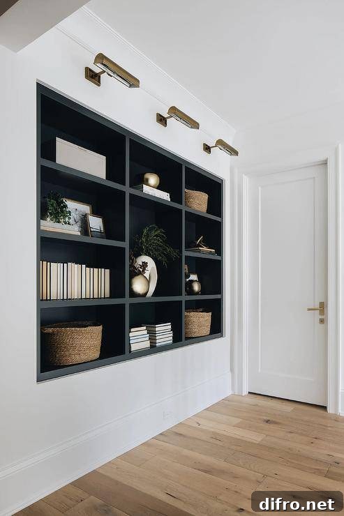 Hallway features black niche shelves illuminated by antique brass picture lights