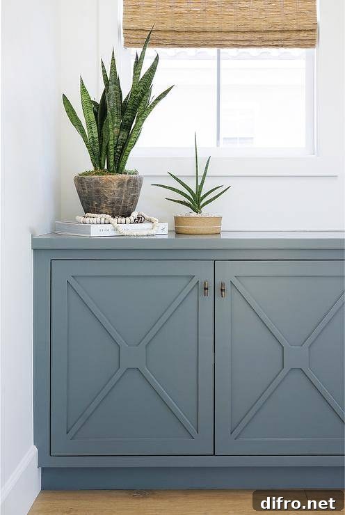 Hallway nook cabinet with blue x mullion trim topped with succulents