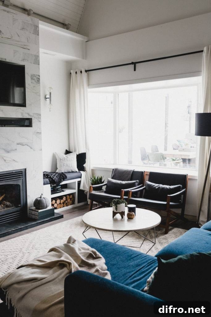 Modern living room decorated for fall with neutral palette