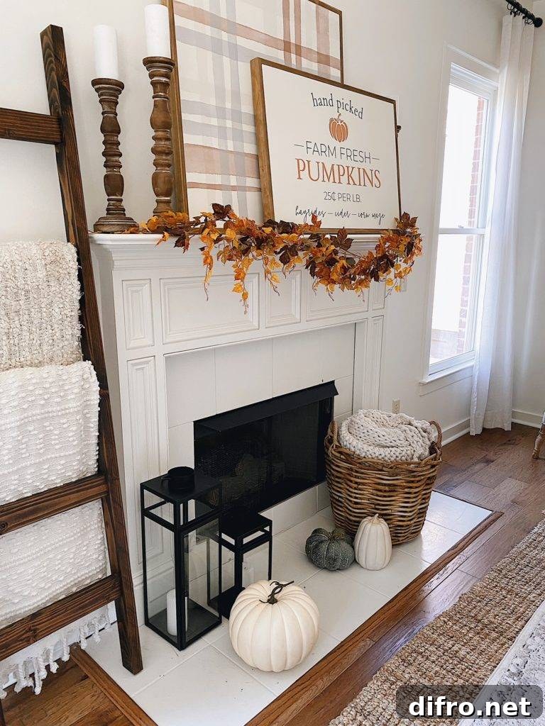Cozy living area with wooden accents and fall foliage