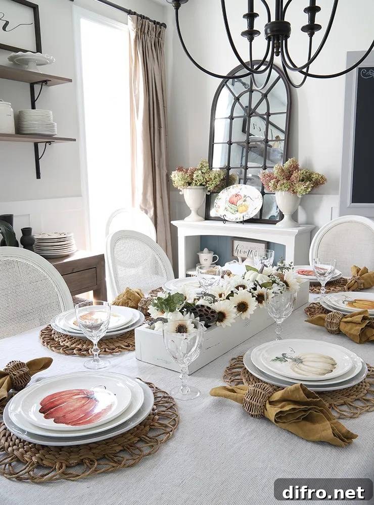 Autumn table setting with woven placemats and centerpiece