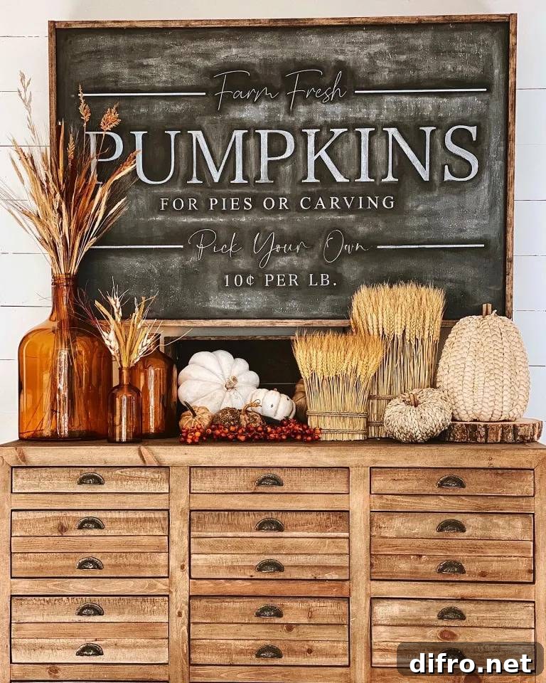 Natural fall decor with wheat stalks and sign