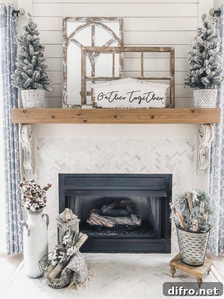 Whitewashed mantel with pine accents
