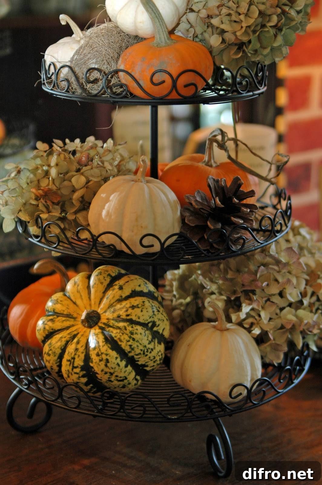 Tiered tray decorated with fall items
