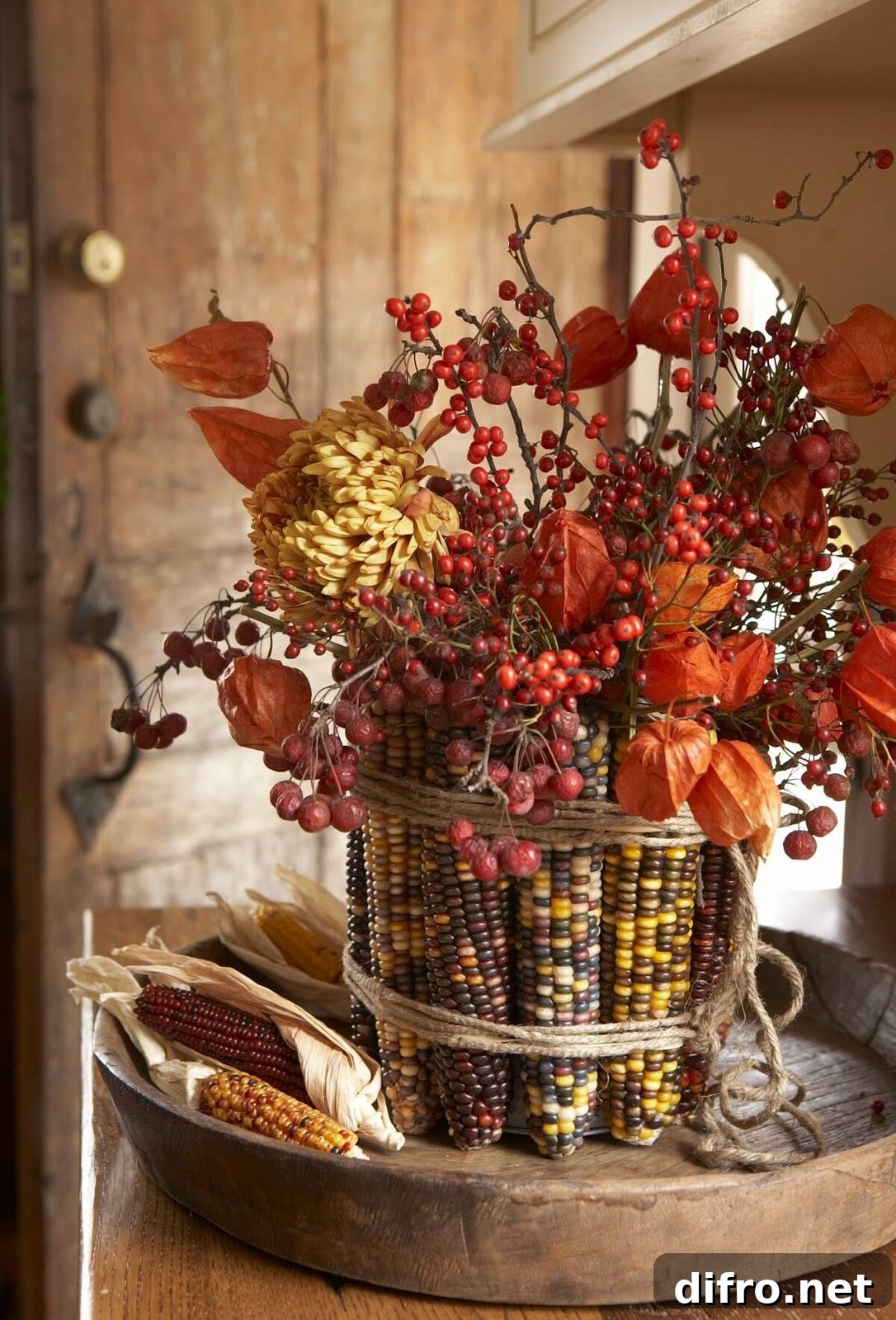 DIY corn vase wrapped in husks and filled with fall stems