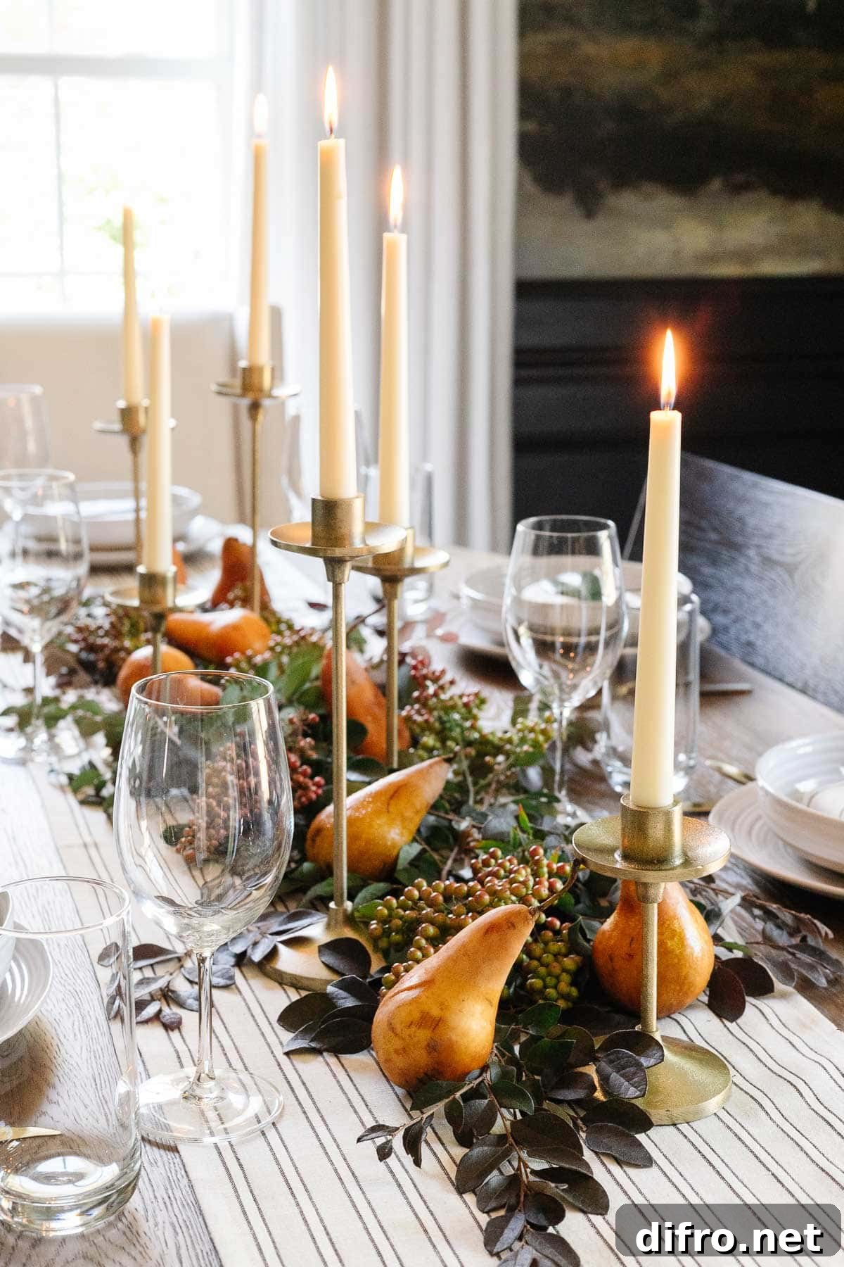 Centerpiece of pears and greenery