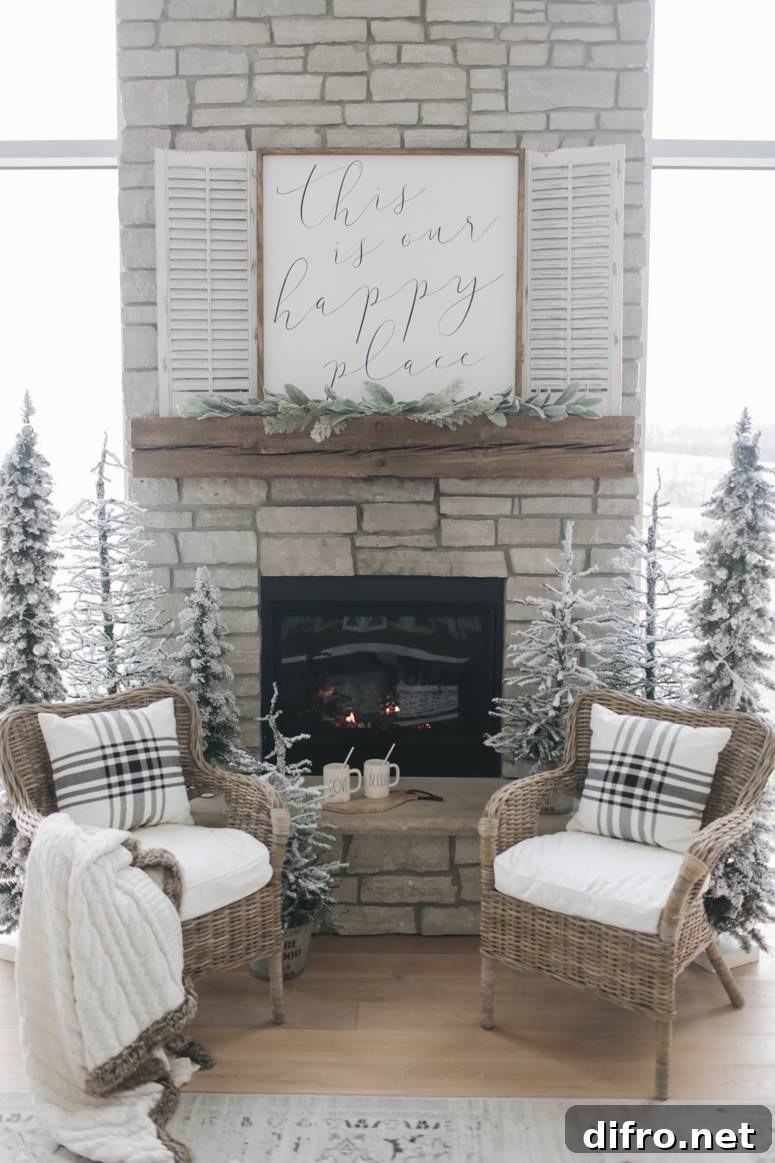 Nina Cecilia hygge stone fireplace and rattan chairs
