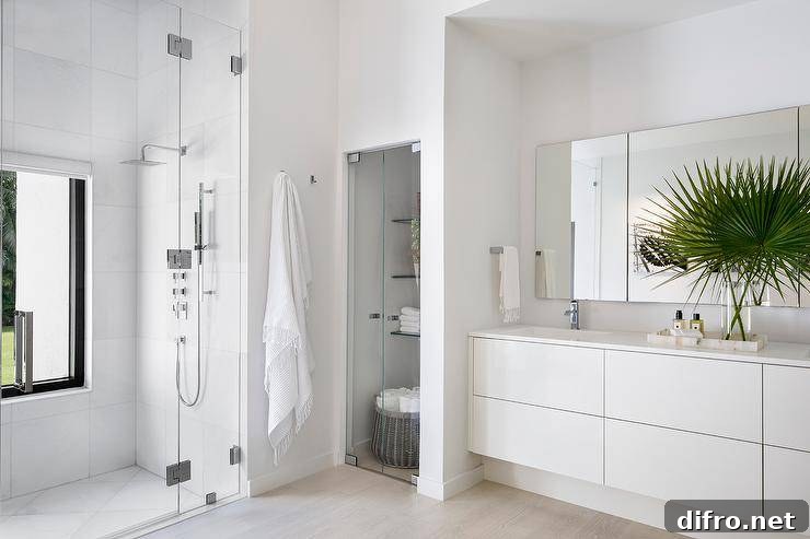 Spacious white master bath features a white linen closet with a frameless glass door, a walk in shower with a frameless glass door and a large rectangular mirror over a white washstand that boasts large drawers and a nickel faucet.