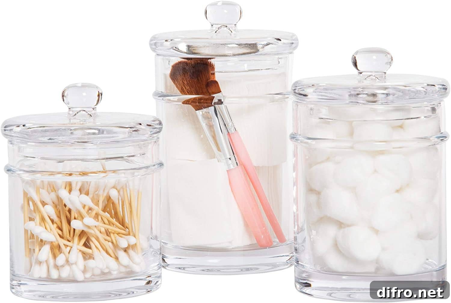 product photo of glass apothecary jars with cotton swabs cotton balls makeup brushes