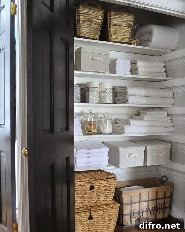 organized linen bathroom closet with folded towels and linens weaved baskets and totes