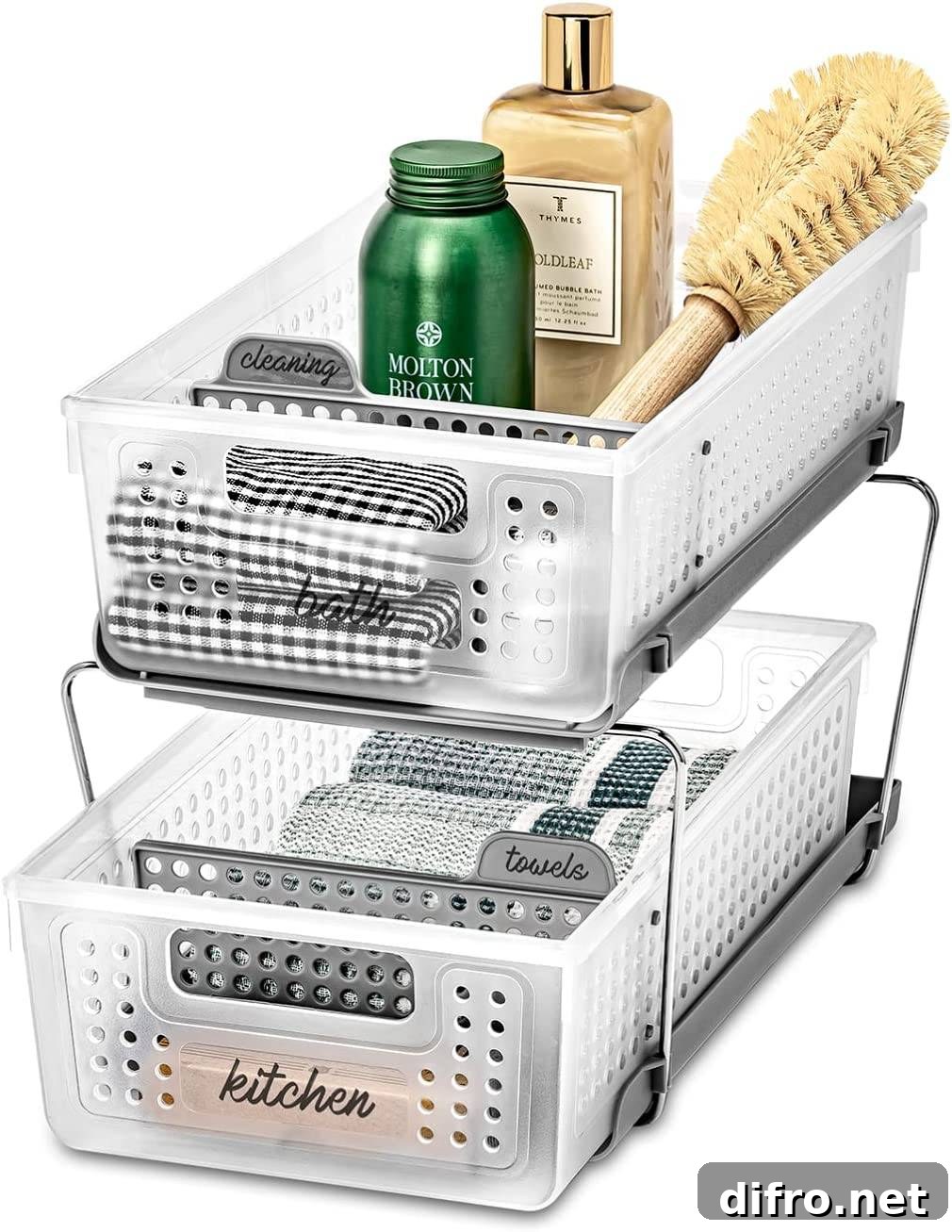 product photo of slide out stackable storage containers with soap and scrub brush