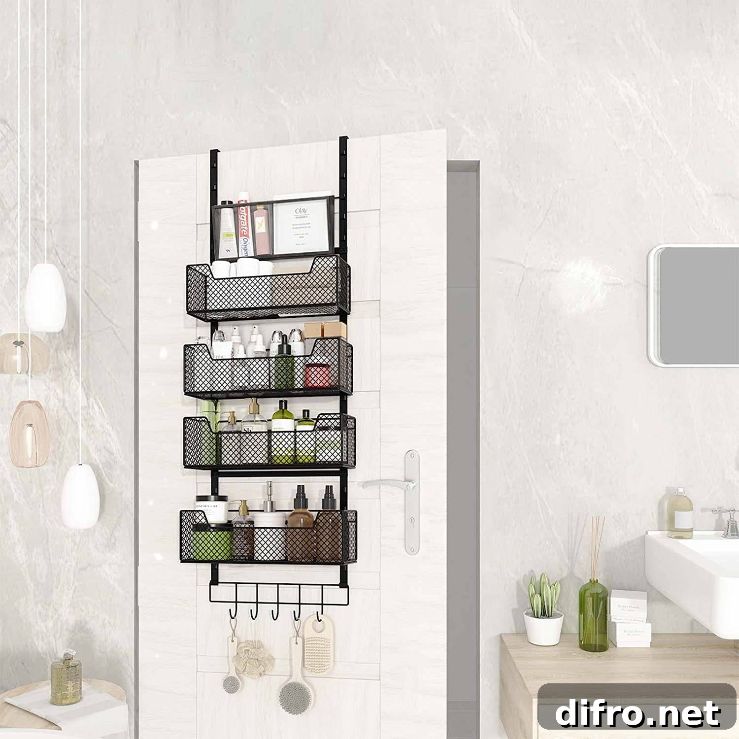 over the door storage black metal mesh with hooks hanging on white door