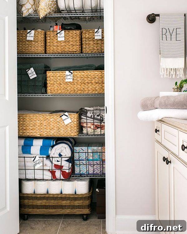 close up of inside of bathroom closet wicker basket wire toilet paper