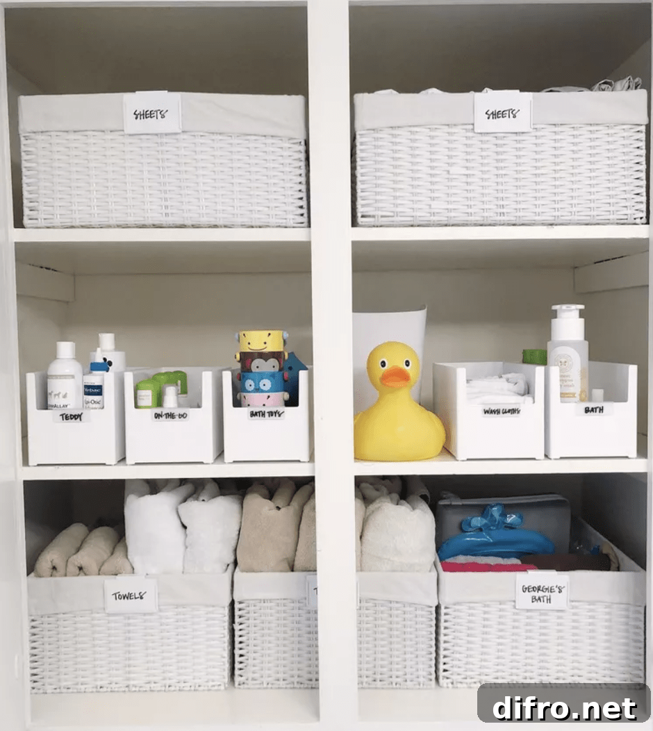white bathroom closet organized with bins plastic totes weaved baskets with labels