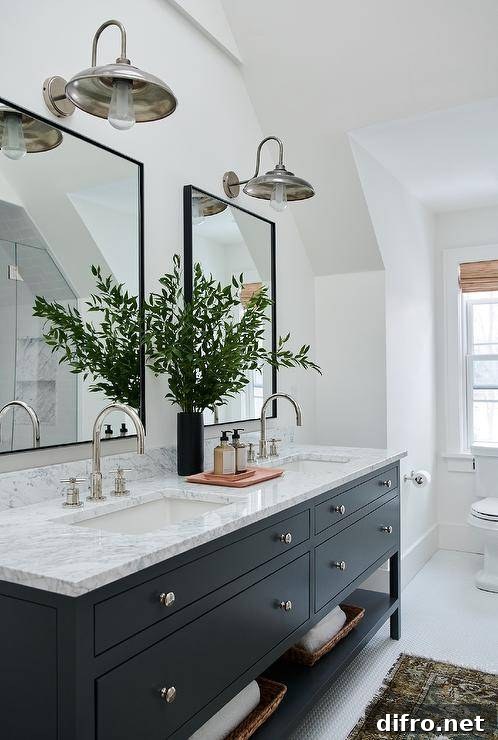 Woven tray holding towels on a marble counter in a cottage bathroom.