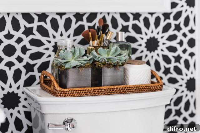 Woven tray filled with succulents on the back of a toilet.