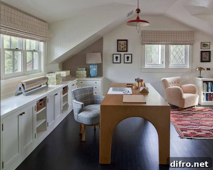 Home office with a wooden desk under a red lantern and built-in shelves along the back wall.
