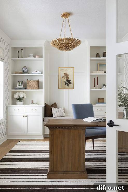 Welcoming home office is lit by a gold semi-flush chandelier hung over a French wooden desk placed on a black striped jute rug and paired with a blue chair.