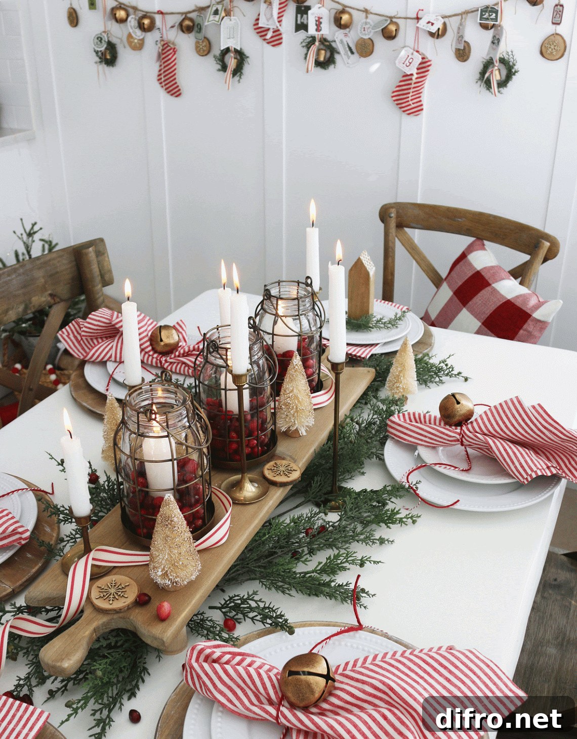 Red and white holiday table with striped accents