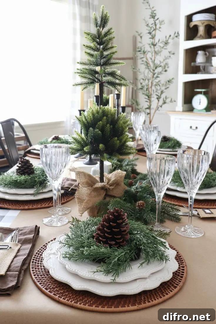 Neutral place setting with woven placemat and pine details