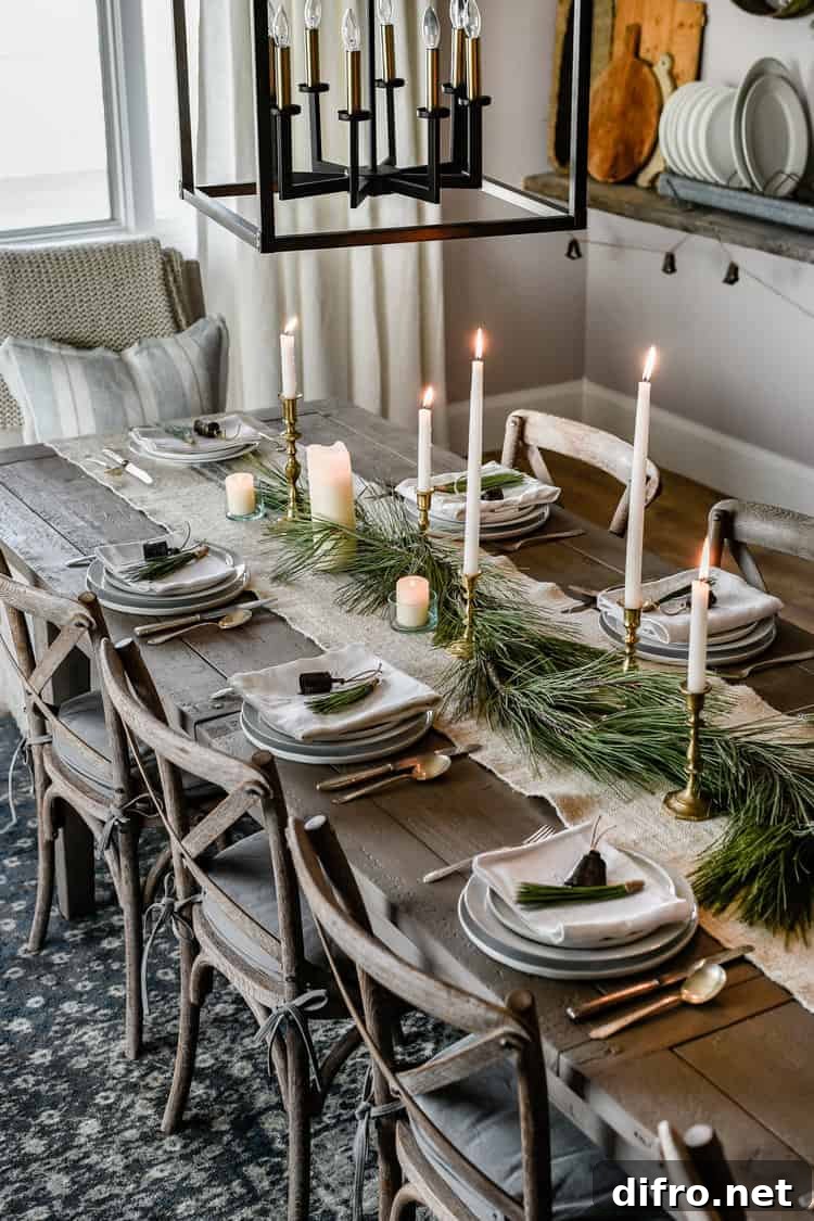 Rustic holiday table with jute runner and pine accents