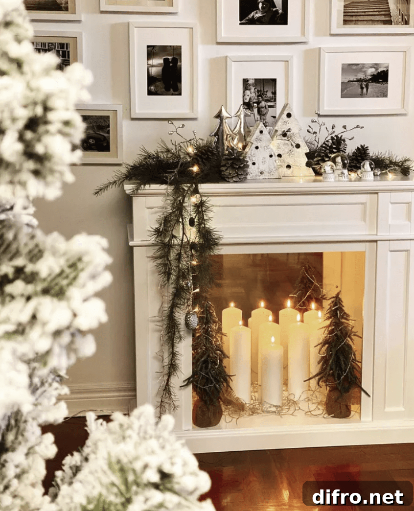 fireplace decorated for Christmas with white pillar candles and small trees