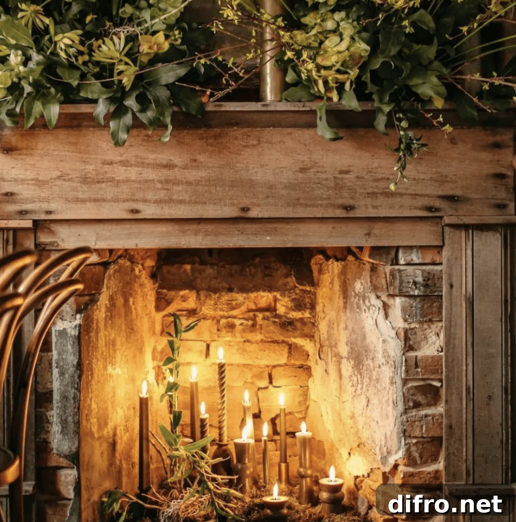 candlesticks of varying heights in a brick fireplace