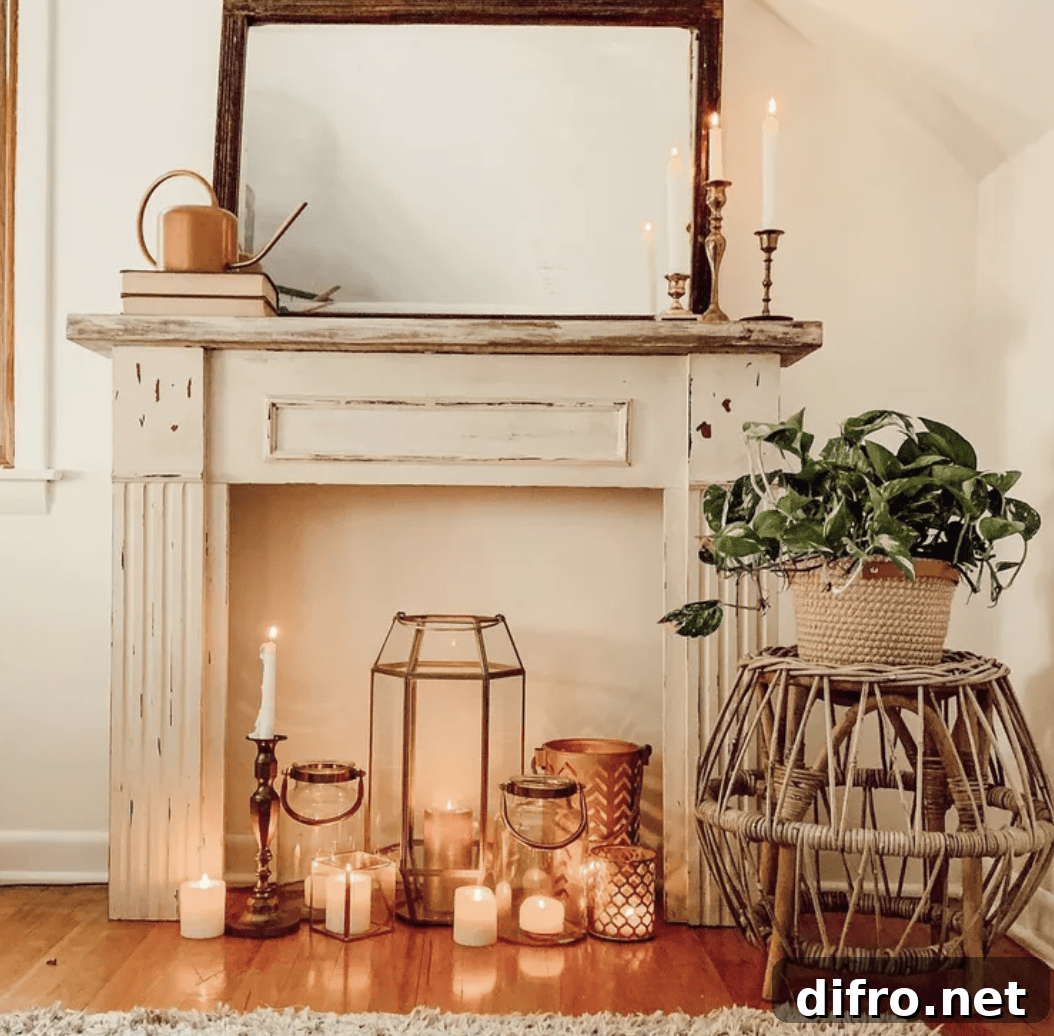 fireplace decorated with lanterns and candles