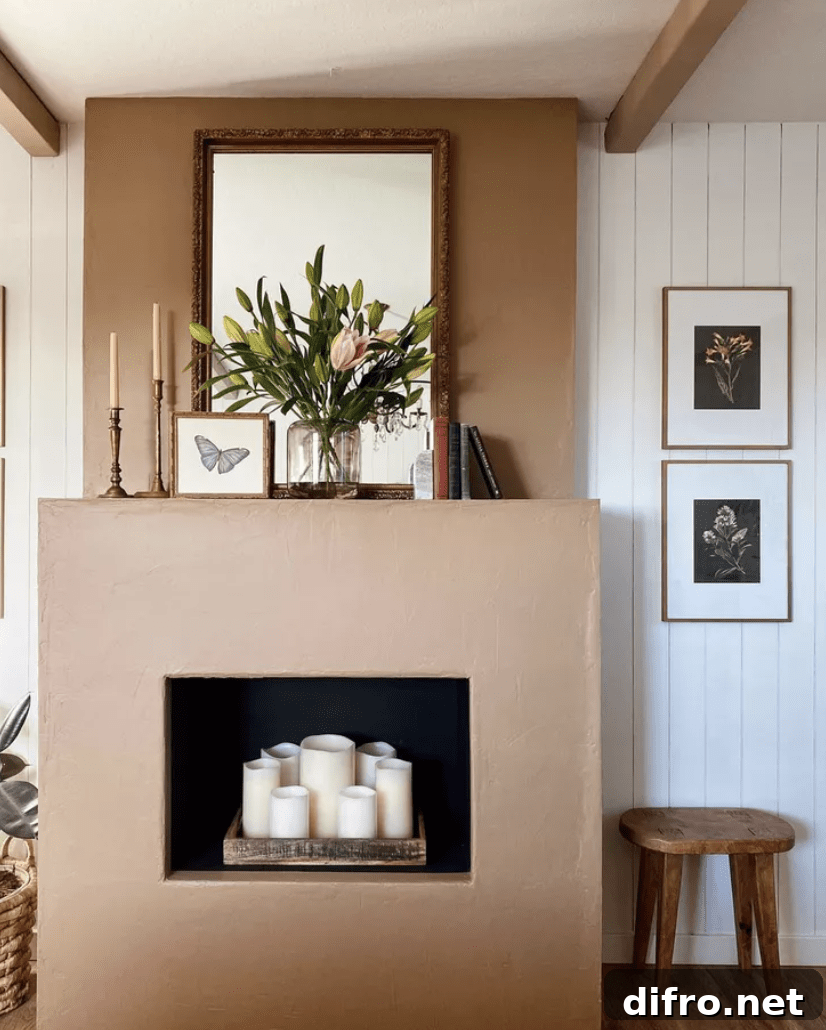 modern stucco fireplace filled with white pillar candles