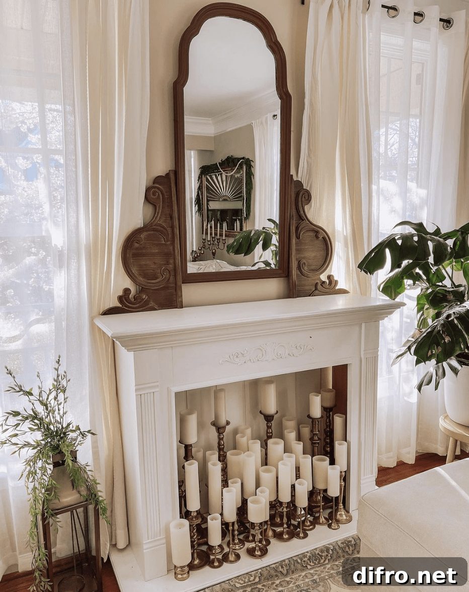 antique fireplace with vintage mirror and many candles