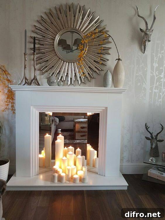 mirror behind pillar candles in a fireplace