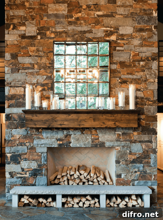 stone fireplace with glass hurricanes and candles on the mantel