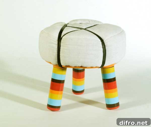 Closeup of fabric and rubber bands on the stool
