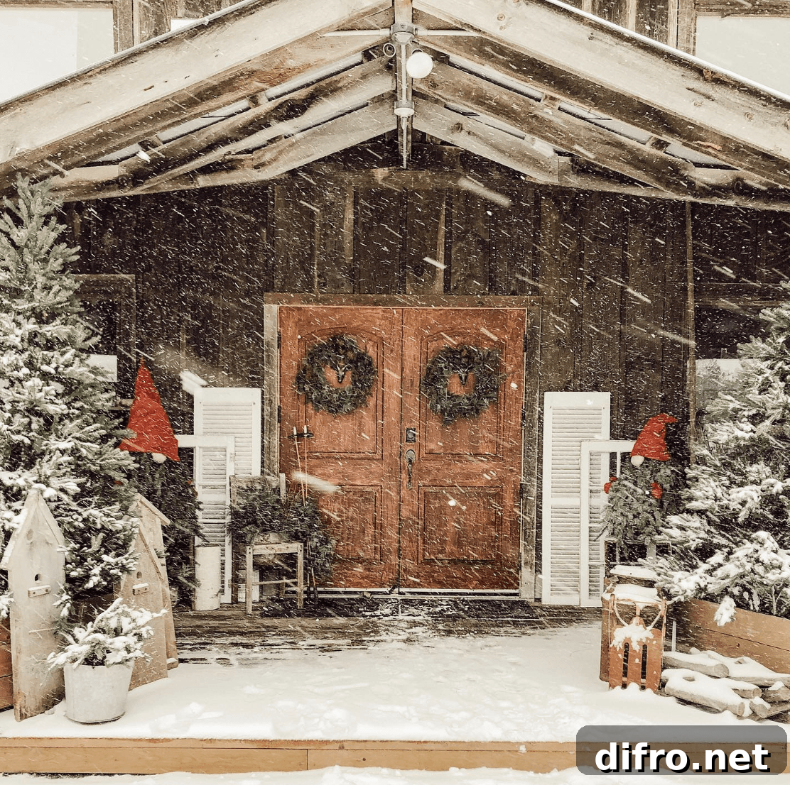 old antique barn in country snowing with double wreaths on red doors christmas trees covered in snow old shutters
