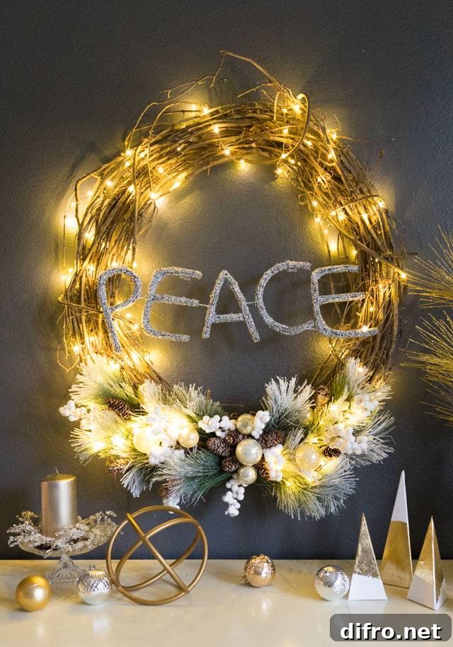 light up christmas wreath with peace across it
