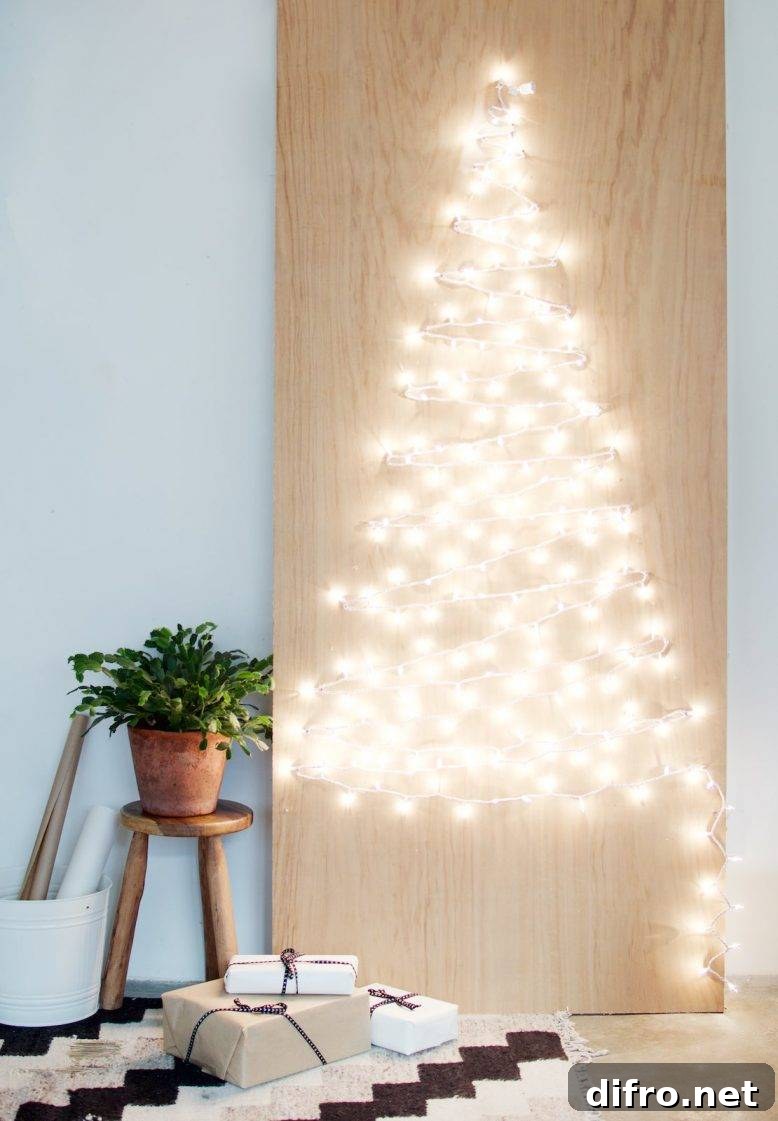 DIY String light white christmas tree on wall