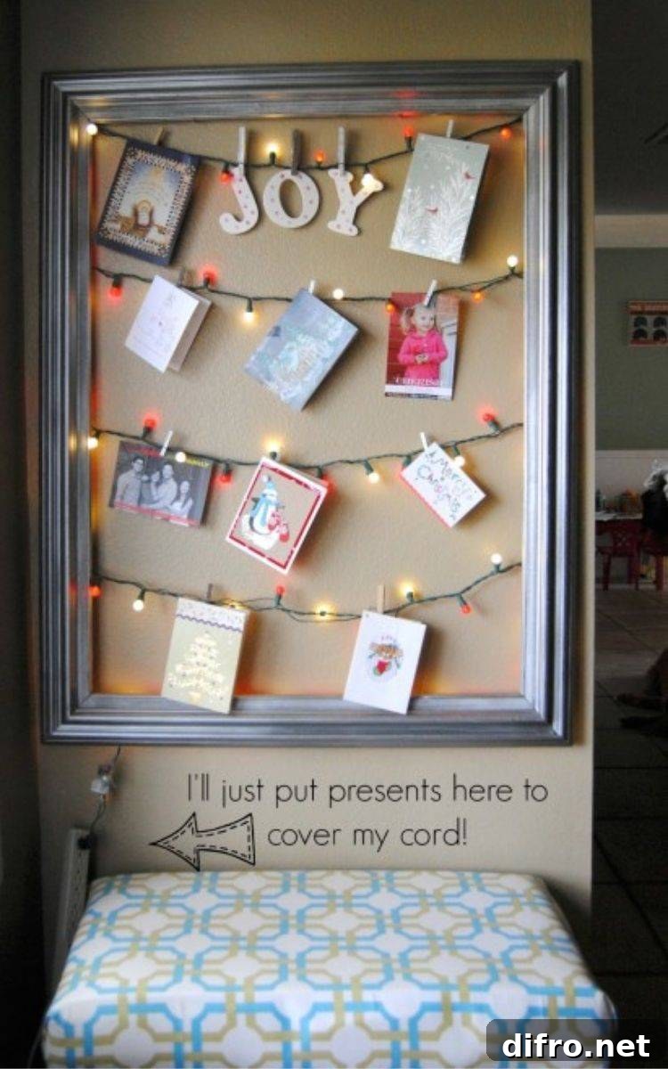 empty frame Christmas card display with lights