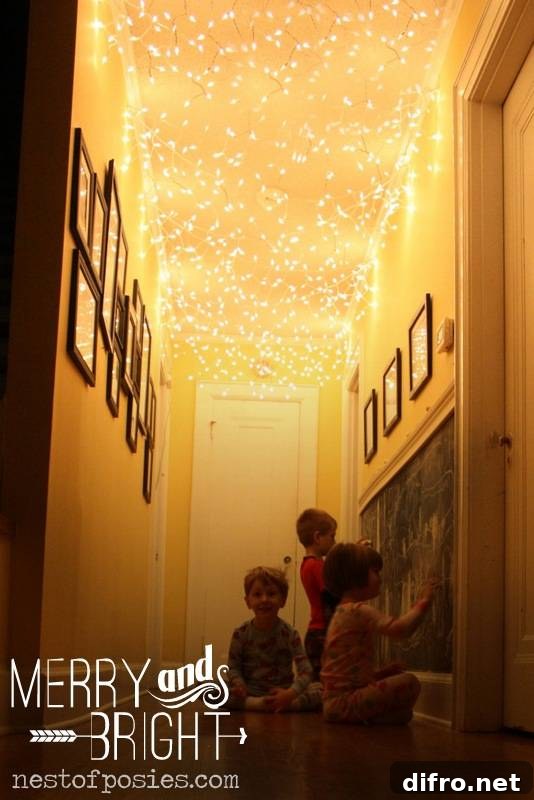 twinkle lights hanging on ceiling in hallway