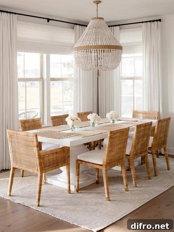 Elegant dining room features an ivory beaded chandelier that illuminates chairs at a terrace dining table.