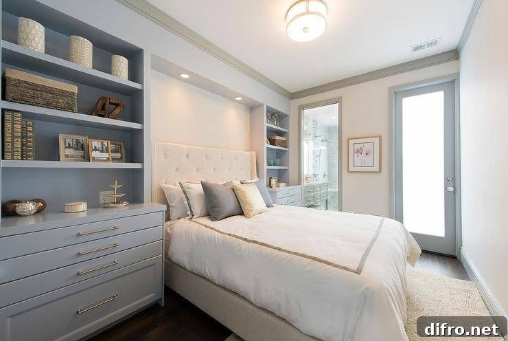 Custom lit headboard nook with layered lighting and styled built-in shelves.