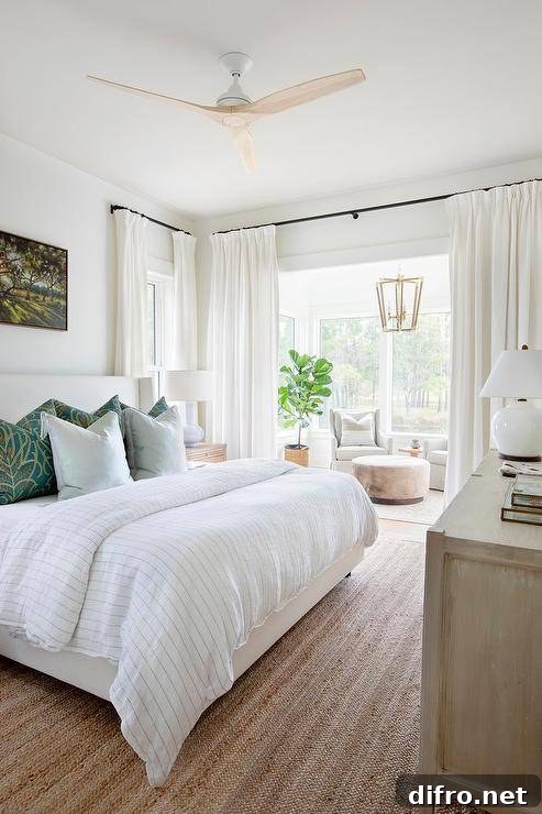 Welcoming master bedroom sitting area with wingback chairs and neutral drapery.