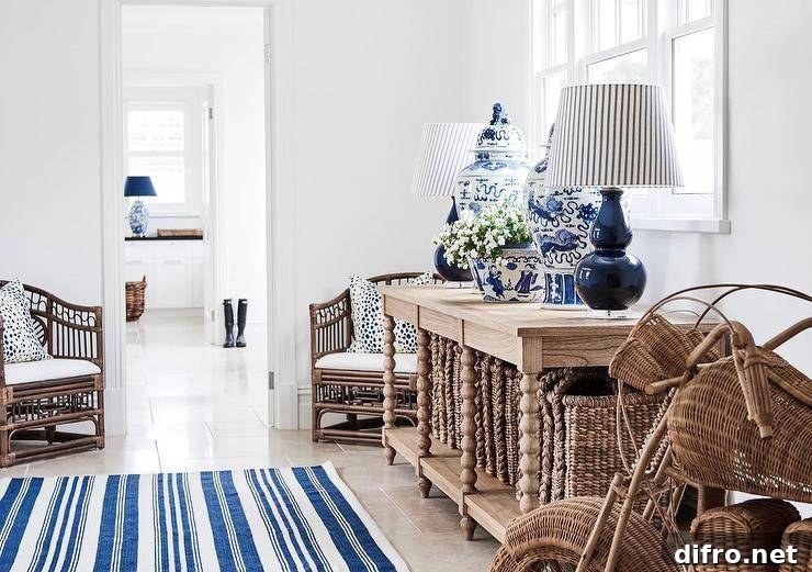 Cottage foyer with blue double gourd lamps and striped lamp shades.