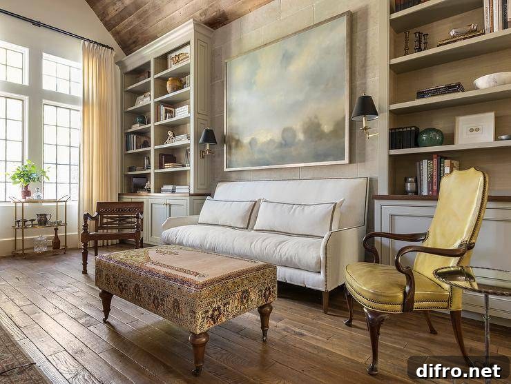 Large landscape art over a white nailhead sofa with varied seating and built-in shelves.