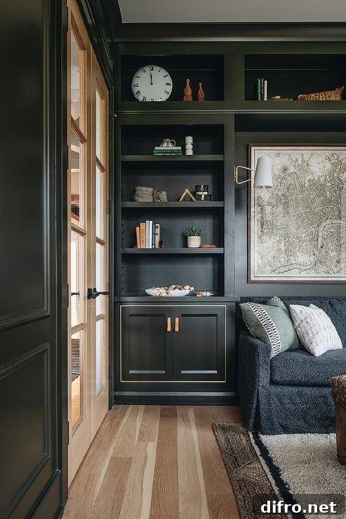 Styled built-in olive green living room shelves mounted over cabinets accented with leather tab pulls.