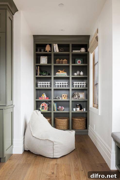 Floor to ceiling green built-in toy shelf decorated with woven storage bins.