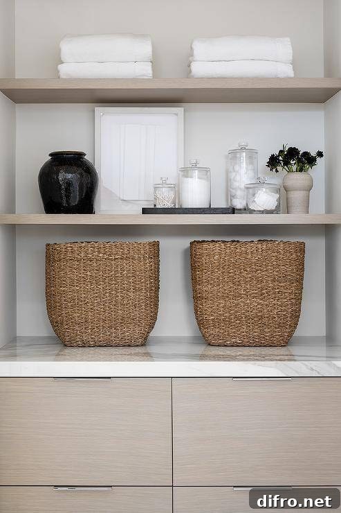 Bathroom with styled shelves and woven baskets.
